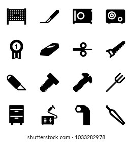 Solid vector icon set - fenced area vector, scalpel, safe, gold medal, steel rolling, saw, work knife, bolt, screw, farm fork, tool cabinet, welding, allen key, forceps