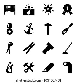 Solid vector icon set - fenced area vector, terrorism, christmas star, gold medal, anchor, hammer, chisel, plumber, bolt cutter, hoe, winch, wrench, work knife, allen key