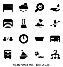 Solid vector icon set - fenced area vector, snowfall, bacteria, drop hand, coin, flask, pyramid, kayak, information exchange, clock, basin, generator, tool cabinet, sailboat toy, constructor blocks