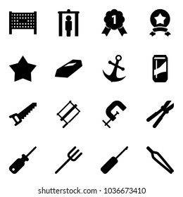 Solid vector icon set - fenced area vector, metal detector gate, gold medal, star, anchor, drink, saw, bucksaw, clamp, bolt cutter, screwdriver, farm fork, awl, forceps