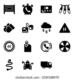 Solid vector icon set - fenced area vector, phone alarm, credit card, garland, gloves, tonometer, money rain, oncoming traffic road sign, speed limit 40, attachment, horn, parasol, trip, robot
