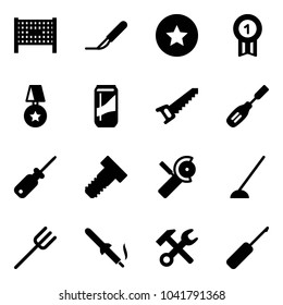 Solid vector icon set - fenced area vector, scalpel, star medal, gold, drink, saw, chisel, screwdriver, bolt, Angular grinder, hoe, farm fork, soldering iron, wrench hammer, awl