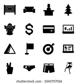 Solid Vector Icon Set - Fenced Area Vector, Vip Waiting, Recieptionist, Christmas Tree, Angel, Dollar, Credit Card, Account Statistics, Landslide Road Sign, Flag, Target, Monitor, Victory, Swimsuit