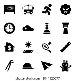 Solid vector icon set - fenced area vector, airport bus, run, virus, time, cloud, chess queen, award, home dollar, mat, badminton, ruler, plumber, construction helmet, paper plane, robot