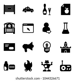 Solid vector icon set - fenced area vector, safety car, wine, diet list, money chest, cursor browser, user login, flask, envelope, megaphone, business idea, sand fort, uv cream, fire, robot, radio