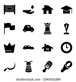 Solid vector icon set - fenced area vector, drop hand, home, graduate hat, flag, car, chess tower, pennant, crown, limousine, clock, sickle, pyramid toy, beanbag