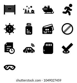 Solid vector icon set - fenced area vector, christmas landscape, santa sleigh, run, virus, pills bottle, credit card, no limit road sign, history, car wireless, micro flash, check