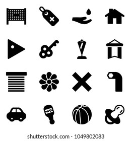 Solid vector icon set - fenced area vector, medical label, drop hand, home, play, key, pennant, jalousie, flower, delete, allen, car, beanbag, basketball, soother