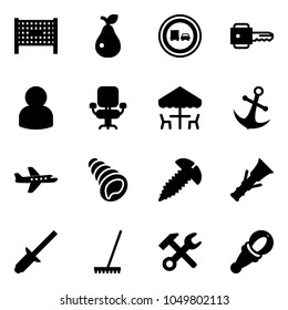 Solid vector icon set - fenced area vector, pear, no truck overtake road sign, key, user, office chair, outdoor cafe, anchor, plane, shell, screw, dowel, clinch, rake, wrench hammer, beanbag