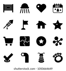 Solid vector icon set - fenced area vector, shower, heart, christmas calendar, firework rocket, flag, home, star, cart, puzzle, medal, molecule, check, allen key, pyramid toy, beanbag