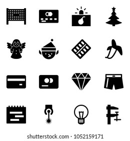 Solid vector icon set - fenced area vector, credit card, terrorism, christmas tree, angel, elf, pills blister, banana, diamond, swimsuit, terms plan, laser, bulb, clamp