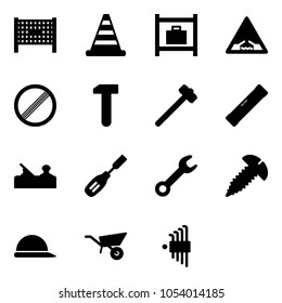 Solid vector icon set - fenced area vector, road cone, baggage room, drawbridge sign, no limit, work, sledgehammer, level, jointer, chisel, wrench, screw, construction helmet, wheelbarrow