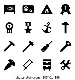 Solid vector icon set - fenced area vector, safe, Road narrows sign, gold medal, star, anchor, hammer, sledgehammer, screwdriver, screw, metal hacksaw, tool cabinet, wrench