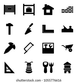 Solid vector icon set - fenced area vector, baggage room, home, brick wall, hammer, trowel, corner ruler, jointer, screw, metal hacksaw, tool box, wheelbarrow, pyramid toy, shovel fork, block house