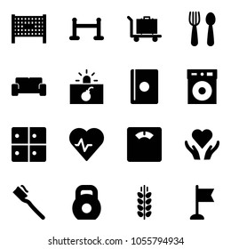 Solid vector icon set - fenced area vector, vip zone, baggage, spoon and fork, waiting, terrorism, passport, room, heart pulse, floor scales, care, tooth brush, weight, spice, flag