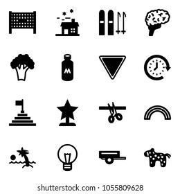 Solid vector icon set - fenced area vector, house, ski, brain, broccoli, milk, giving way road sign, clock around, pyramid flag, award, opening, rainbow, palm, bulb, trailer, toy horse