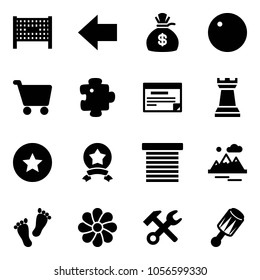 Solid vector icon set - fenced area vector, left arrow, money bag, record, cart, puzzle, schedule, chess tower, star medal, jalousie, mountains, feet, flower, wrench hammer, beanbag