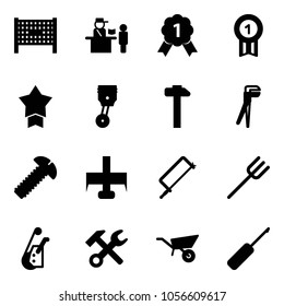 Solid vector icon set - fenced area vector, passport control, gold medal, star, piston, hammer, plumber, screw, milling cutter, metal hacksaw, farm fork, winch, wrench, wheelbarrow, awl