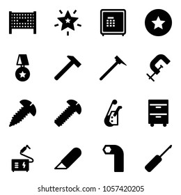 Solid vector icon set - fenced area vector, christmas star, safe, medal, hammer, mason, clamp, screw, winch, tool cabinet, welding, work knife, allen key, awl