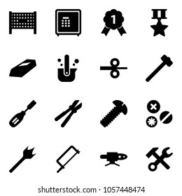 Solid vector icon set - fenced area vector, safe, gold medal, star, casting of steel, rolling, sledgehammer, chisel, bolt cutter, screw, rivet, wood drill, metal hacksaw, pipe welding, wrench hammer