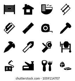 Solid vector icon set - fenced area vector, home, hotel, bucksaw, trowel, level, measuring tape, nail, screw, tile drill, Angular grinder, cocncrete mixer, welding, stapler, shovel fork toy
