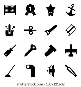 Solid vector icon set - fenced area vector, gold medal, star, anchor, casting of steel, rolling, saw, bucksaw, screwdriver, screw, bolt, milling cutter, hoe, allen key, set, forceps