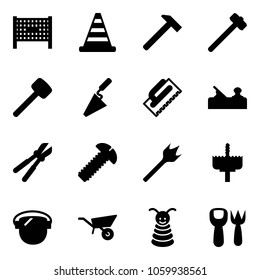 Solid vector icon set - fenced area vector, road cone, hammer, sledgehammer, rubber, trowel, jointer, bolt cutter, screw, wood drill, crown, protect glass, wheelbarrow, pyramid toy, shovel fork