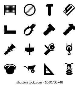 Solid vector icon set - fenced area vector, no limit road sign, work, trowel, corner ruler, side cutters, bolt, screw, dowel, crown drill, Angular grinder, winch, protect glass, wheelbarrow