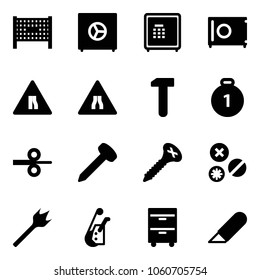 Solid vector icon set - fenced area vector, safe, Road narrows sign, work, gold medal, steel rolling, nail, screw, rivet, wood drill, winch, tool cabinet, knife