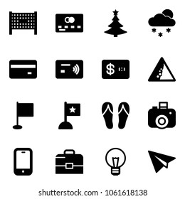 Solid vector icon set - fenced area vector, credit card, christmas tree, snowfall, tap pay, landslide road sign, flag, flip flops, camera, mobile phone, case, bulb, paper plane