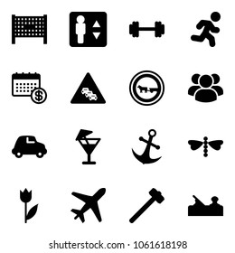 Solid vector icon set - fenced area vector, elevator, barbell, run, calendar, multi lane traffic road sign, no cart horse, group, car, drink, anchor, dragonfly, tulip, plane, sledgehammer, jointer