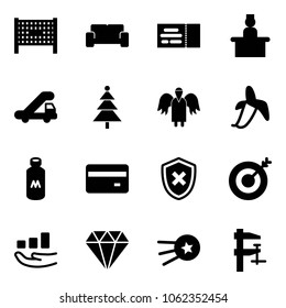 Solid vector icon set - fenced area vector, vip waiting, ticket, recieptionist, trap truck, christmas tree, angel, banana, milk, credit card, shield cross, target, growth, diamond, first satellite