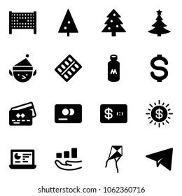 Solid vector icon set - fenced area vector, christmas tree, elf, pills blister, milk, dollar, credit card, sun, statistics monitor, growth, kite, paper plane