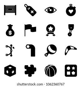 Solid vector icon set - fenced area vector, medical label, eye, stopwatch heart, money bag, flag, star medal, piston, bezier, allen key, beanbag, boomerang, cube toy, puzzle, basketball, hole
