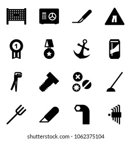 Solid vector icon set - fenced area vector, safe, scalpel, Road narrows sign, gold medal, star, anchor, drink, plumber, bolt, rivet, hoe, farm fork, work knife, allen key, set