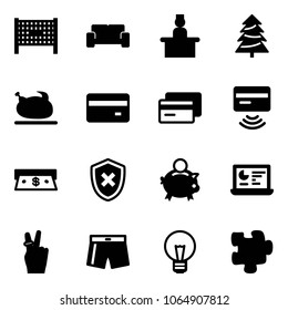 Solid vector icon set - fenced area vector, vip waiting, recieptionist, christmas tree, turkey, credit card, tap pay, cash, shield cross, piggy bank, statistics monitor, victory, swimsuit, bulb