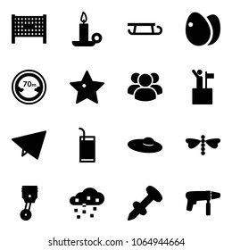 Solid vector icon set - fenced area vector, candle, sleigh, eggs, limited distance road sign, star, group, win, paper fly, drink, woman hat, dragonfly, piston, snow, nail dowel, drill machine