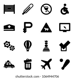 Solid vector icon set - fenced area vector, thermometer, no alcohol sign, disabled, doctor hat, ruble, cow road, monitor cursor, gears, air balloon, chess queen, check, car baggage, trash bin, plane