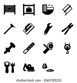 Solid vector icon set - fenced area vector, baggage room, hotel, bucksaw, mason hammer, trowel, wrench, bolt cutter, nail dowel, drill, Angular grinder, winch, shovel fork toy, excavator