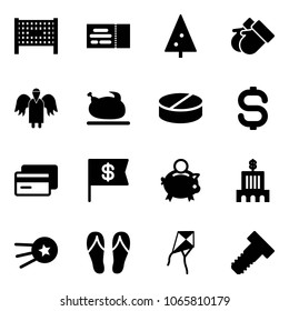Solid vector icon set - fenced area vector, ticket, christmas tree, gloves, angel, turkey, pill, dollar sign, credit card, flag, piggy bank, building, first satellite, flip flops, kite, bolt