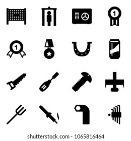 Solid vector icon set - fenced area vector, metal detector gate, safe, gold medal, star, luck, drink, saw, chisel, screw, milling cutter, farm fork, soldering iron, allen key, set