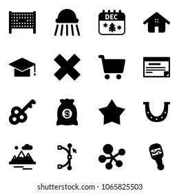 Solid vector icon set - fenced area vector, shower, christmas calendar, home, graduate hat, delete cross, cart, schedule, key, money bag, star medal, luck, mountains, bezier, molecule, beanbag