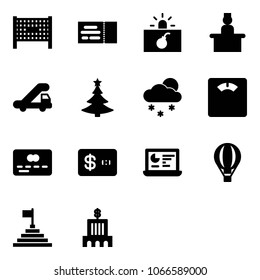 Solid vector icon set - fenced area vector, ticket, terrorism, recieptionist, trap truck, christmas tree, snowfall, floor scales, credit card, statistics monitor, air balloon, pyramid flag