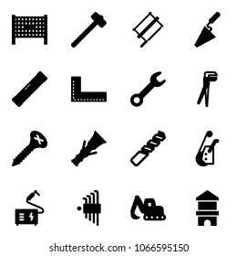 Solid vector icon set - fenced area vector, sledgehammer, bucksaw, trowel, level, corner ruler, wrench, plumber, screw, dowel, drill, winch, welding, allen key set, excavator toy, block house