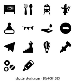 Solid vector icon set - fenced area vector, spoon and fork, train, santa claus, christmas hat, flag garland, drop hand, only right road sign, paper fly, success, air balloon, nail dowel, rivet