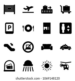 Solid vector icon set - fenced area vector, departure, baggage, parking sign, plate spoon fork, coffee machine, elevator, escalator down, no computer, vip waiting, safety car, shower, sun