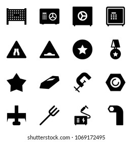 Solid vector icon set - fenced area vector, safe, Road narrows sign, artificial unevenness, star medal, gold, clamp, nut, milling cutter, farm fork, welding, allen key
