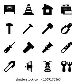 Solid vector icon set - fenced area vector, road cone, home, sea hotel, hammer, mason, rubber, side cutters, screwdriver, bolt, dowel, drill, tile, allen key set, pyramid toy, shovel fork