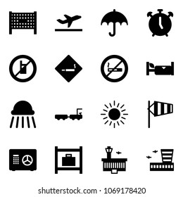 Solid vector icon set - fenced area vector, departure, alarm clock, no mobile sign, smoking, hotel, shower, baggage truck, sun, side wind, safe, room, airport building