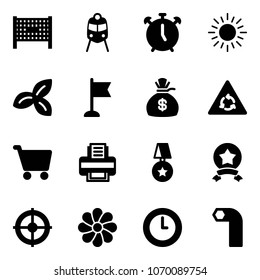 Solid vector icon set - fenced area vector, train, alarm clock, sun, three leafs, flag, money bag, round motion road sign, cart, printer, star medal, target, flower, allen key